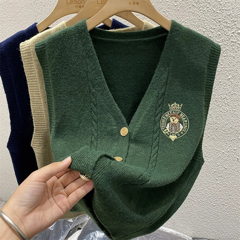 Sewing Vest - 女性の刺繍入りベアベスト,ルーズ,シングルブレスト,Vネック,インターレースベスト,春と秋,新品