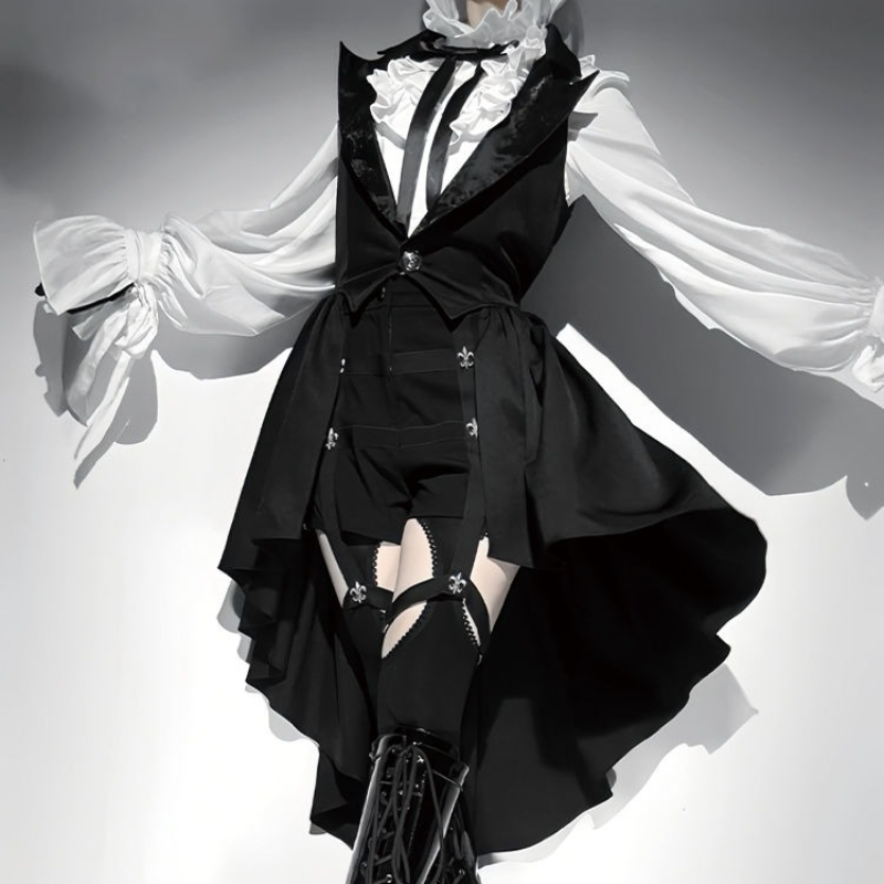 Sewing Vest - ロリータ3点セット レディース フレア袖ブラウス + ハイウエストレースパッチワークショーツ +