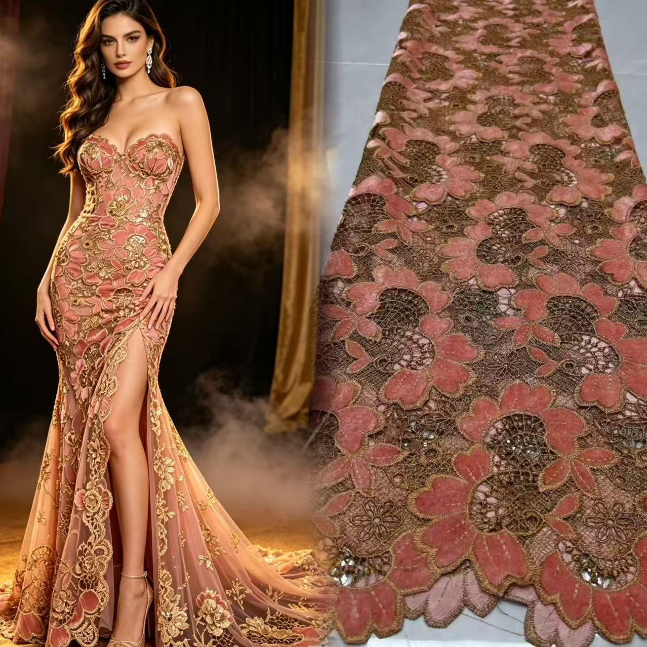 Sewing Velvet Fabric - 2026年新作高品質ベルベットレース生地 ナイジェリアン・トリム ラグジュアリー 5ヤード 女性用ドレス縫製用 アフリカ・ドバイ生地