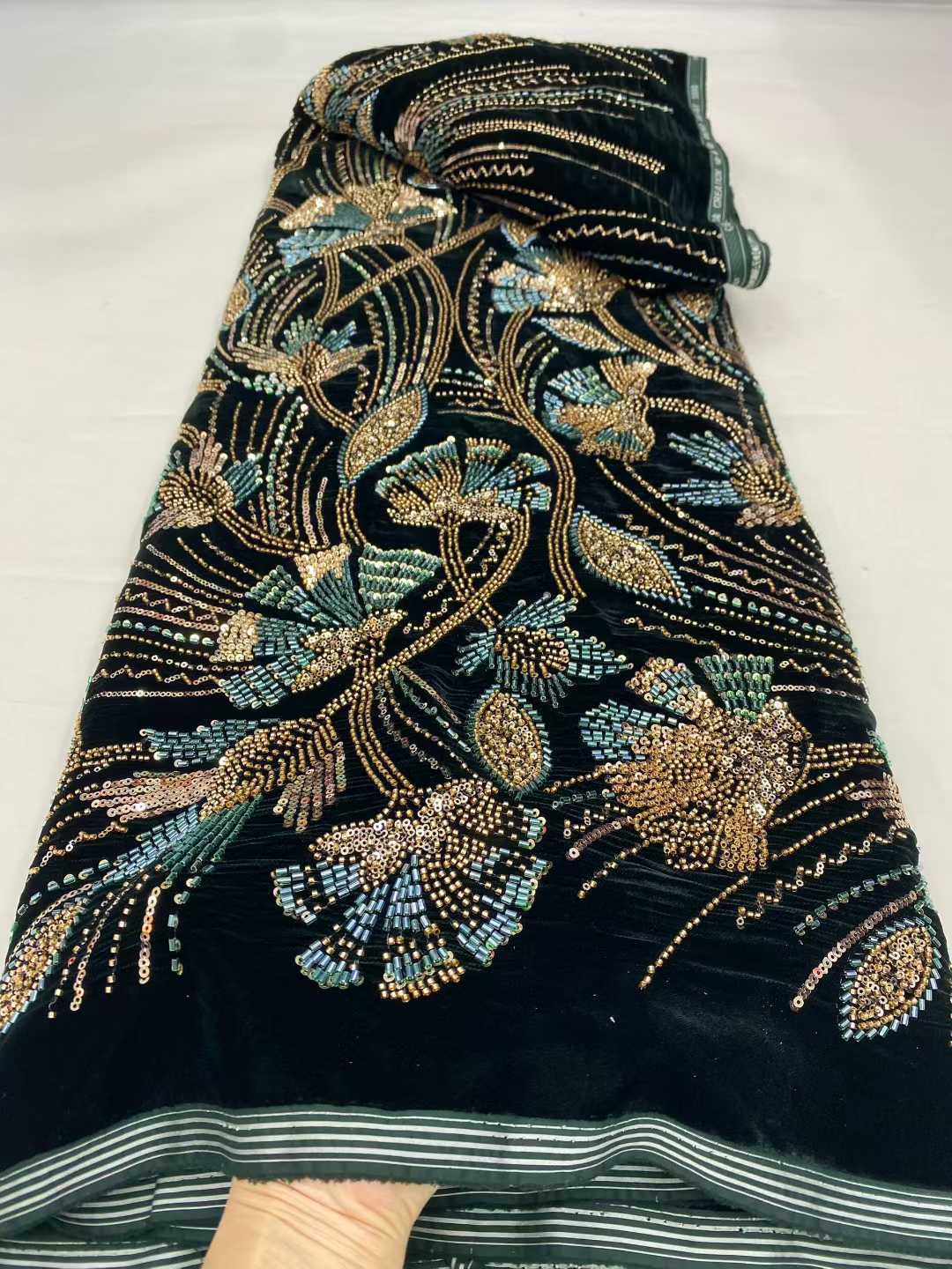 Sewing Velvet Fabric - 2026年新作入荷 アフリカ産ベルベットレース生地 高品質ナイジェリア刺繍レース生地 ウェディング用グリーンベルベットレース生地