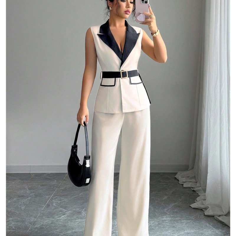 Sewing Vest - ベストスーツ女性ワイドレッグパンツチョッキ 2 点セットノースリーブジャケットベルトタイトウエスト衣装ズボンオフィスレディアンサンブル