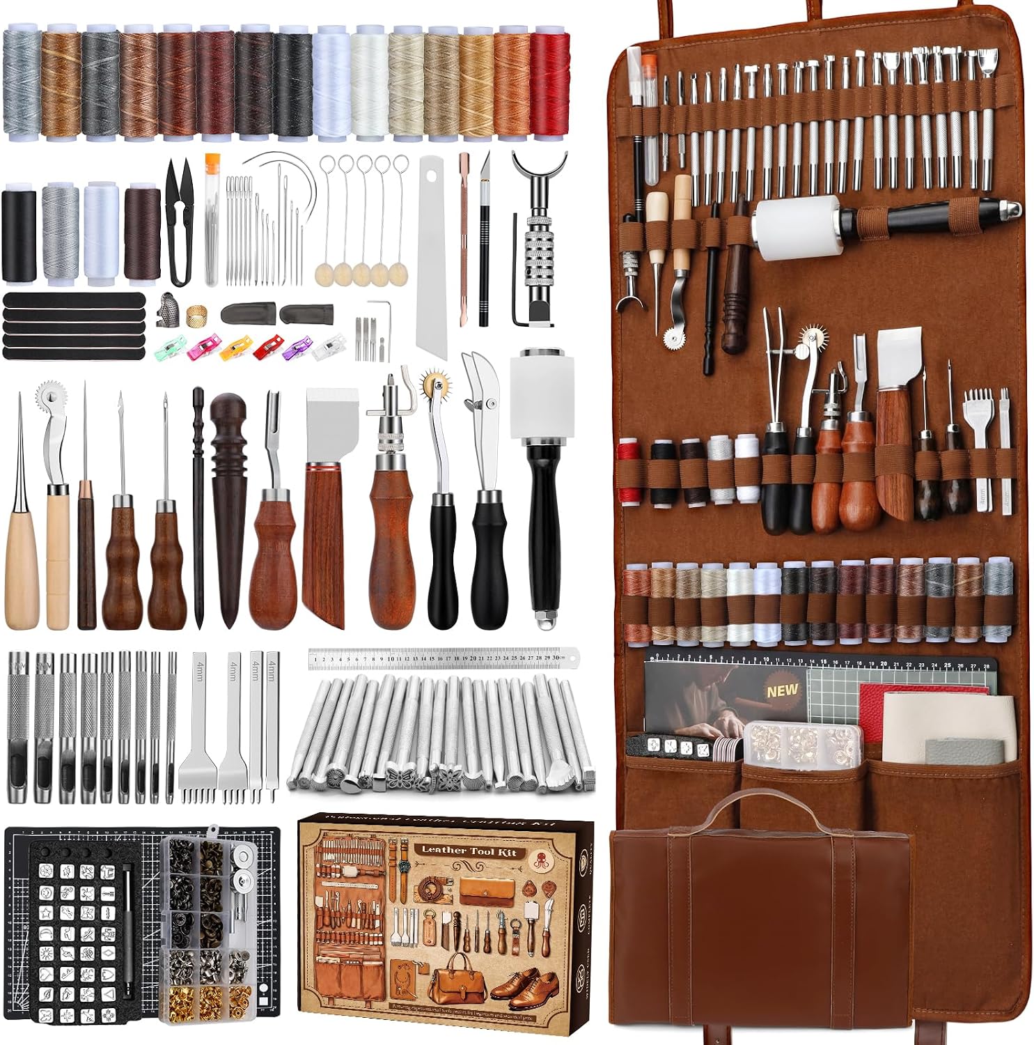 Sewing Kit - 革細工キット、革細工道具とクラフトキット、カスタム収納バッグ付き、彫刻、切断、縫製、刻印、研磨用品、DIY手工芸品の製作と修理用