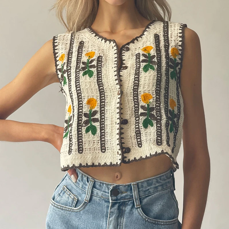 Sewing Vest - 花柄刺繍クロシェセーターベスト女性用オープンニットノースリーブボタンアップジャケット春夏フェアリーコアコテージコアボヘミアン