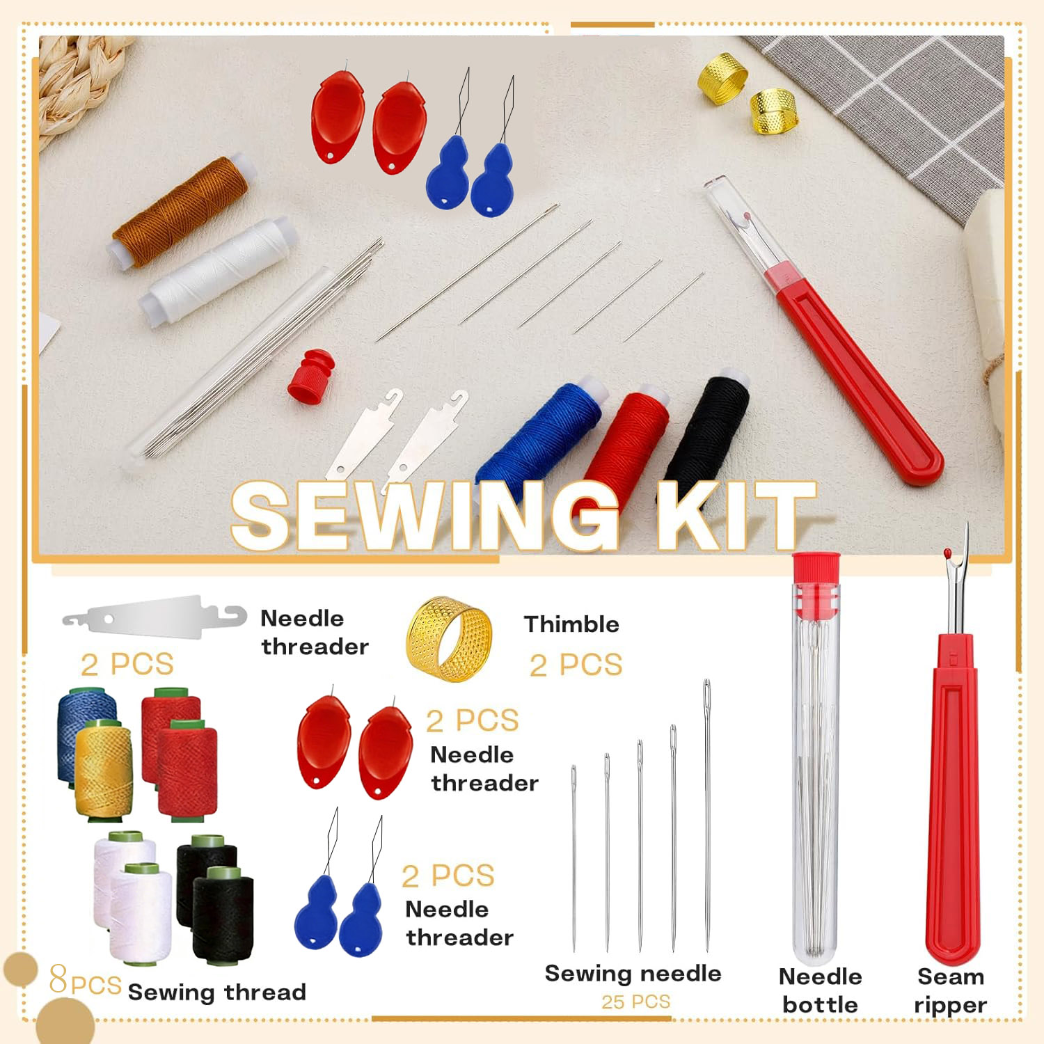 43個入りビッグアイ縫い針キット、家庭必需品、硬鋼縫製アクセ - Sewing Kit のレビューと価格