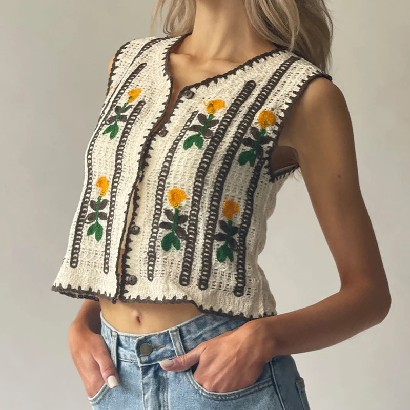 花柄刺繍クロシェセーターベスト女性用オープンニットノースリー - Sewing Vest のレビューと価格
