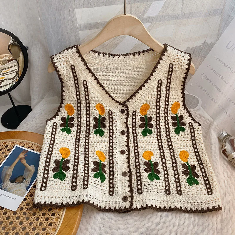 花柄刺繍クロシェセーターベスト女性用オープンニットノースリー - Sewing Vest のレビューと価格